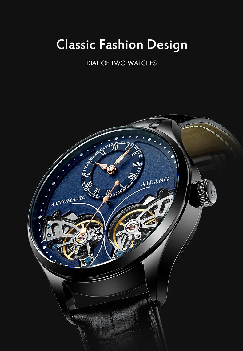 AILANG brandneue modische Double-Tourbillon-Uhr für Herren, Luxus-Edelstahl, wasserdicht, automatisch-mechanische Herrenuhr