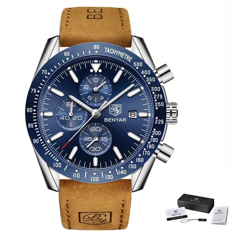 Relojes de lujo para hombre BENYAR: relojes de pulsera de cuarzo con correa de piel, resistentes al agua hasta 30 m, estilo deportivo.