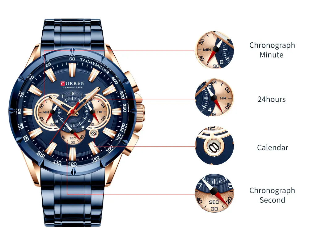 Men New CURREN Casual Sport Chronograph Men's Watch Stainless Steel Band Wristwatch Big Dial Quartz Clock with Luminous Pointers