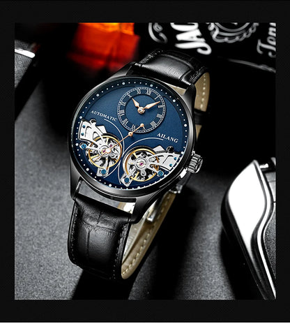 AILANG brandneue modische Double-Tourbillon-Uhr für Herren, Luxus-Edelstahl, wasserdicht, automatisch-mechanische Herrenuhr