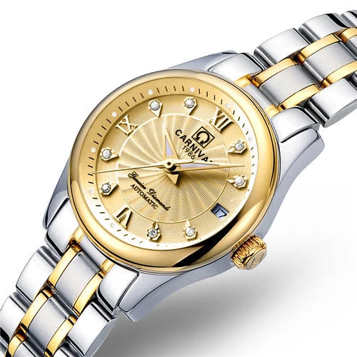 Montre-bracelet mécanique pour femme de la marque CARNIVAL – Modèle élégant, mouvement automatique, verre saphir, étanche.
