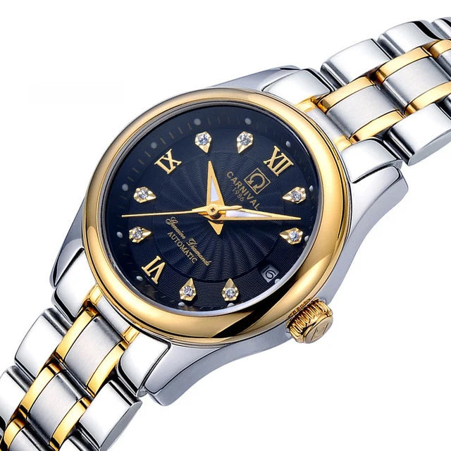 Montre-bracelet mécanique pour femme de la marque CARNIVAL – Modèle élégant, mouvement automatique, verre saphir, étanche.