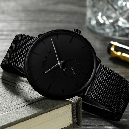 Montre pour homme CRRJU – Montre à quartz de luxe, style décontracté, fine, avec bracelet en maille d'acier, étanche et sportive.