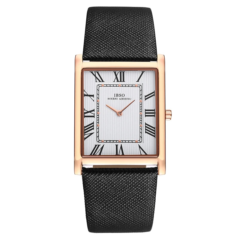 IBSO Ultra-Thin Rectangle Dial Men's Quartz Watch Luxury Business Style Genuine Leather Strap Waterproof New Men WristWatches