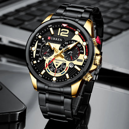 Orologio da uomo CURREN sportivo al quarzo con cronografo, in acciaio inox di lusso con quadrante luminoso