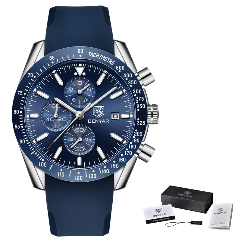Relojes de lujo para hombre BENYAR: relojes de pulsera de cuarzo con correa de piel, resistentes al agua hasta 30 m, estilo deportivo.