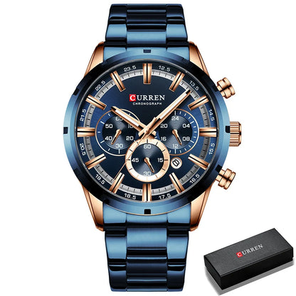 Pánské hodinky CURREN – luxusní sportovní chronograf, quartzový strojek, celonerezové, vodotěsné