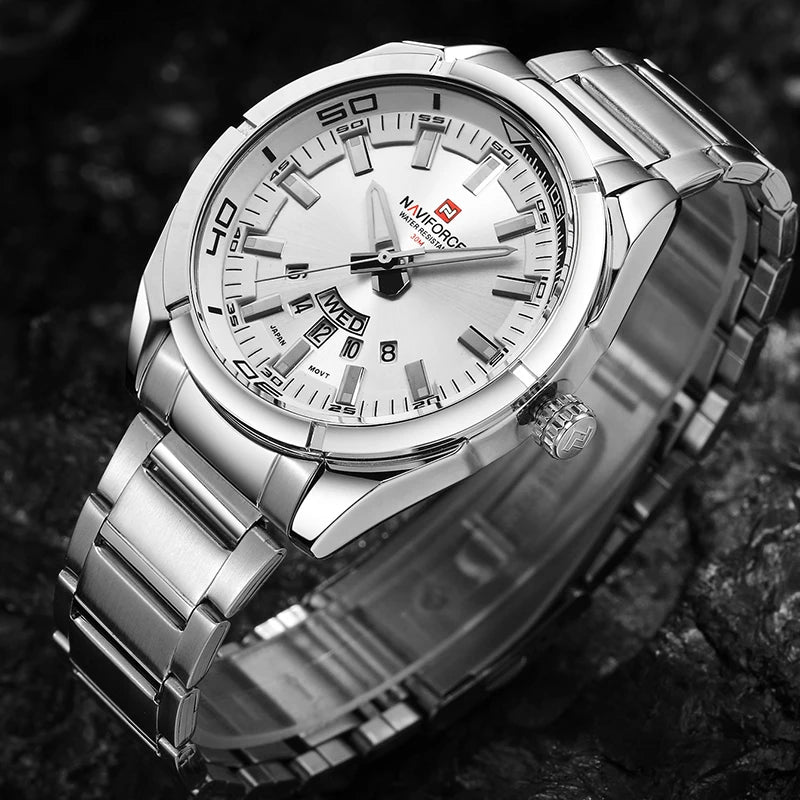 Montre pour homme NAVIFORCE, entièrement en acier, étanche, style décontracté, mouvement à quartz avec affichage de la date – Montre-bracelet de luxe pour homme, d'une marque de premier plan.