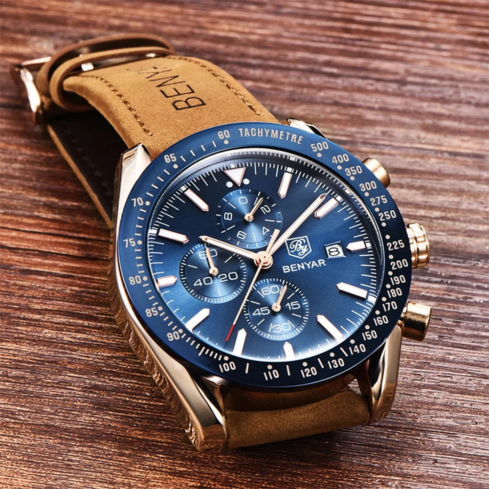 Relojes de lujo para hombre BENYAR: relojes de pulsera de cuarzo con correa de piel, resistentes al agua hasta 30 m, estilo deportivo.