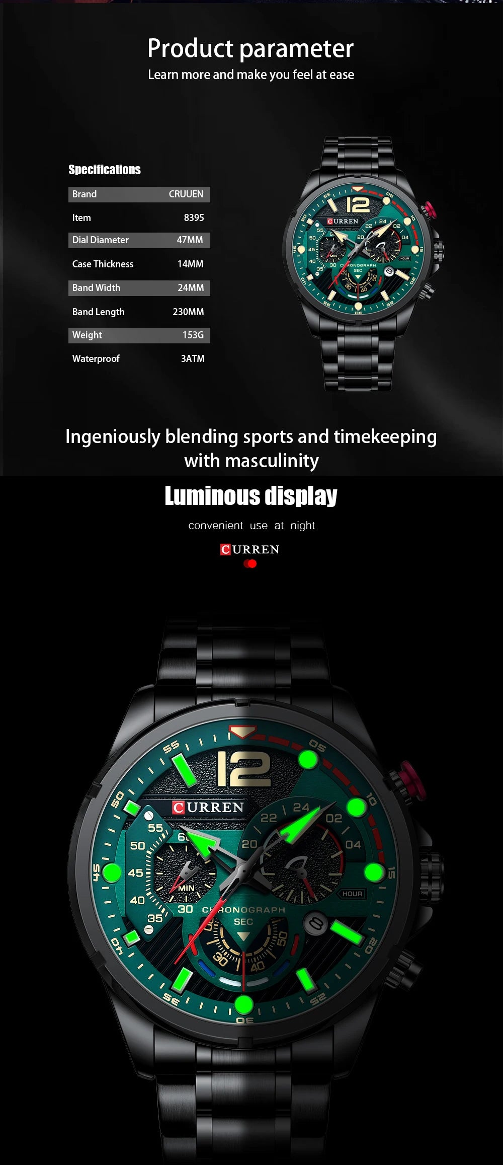 Orologio da uomo CURREN sportivo al quarzo con cronografo, in acciaio inox di lusso con quadrante luminoso