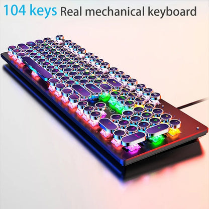 Retro-Punk mechanische Tastatur mit blauen, schwarzen oder braunen Switches, 104 Tasten, USB-kabelgebunden, Gaming-Tastatur mit RGB-Hintergrundbeleuchtung für PC, Laptop und Gamer