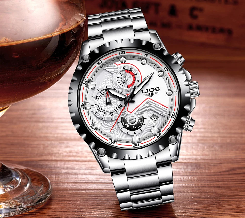 Orologio da uomo LIGE – Orologio al quarzo di tendenza, marchio di lusso, interamente in acciaio, stile professionale, impermeabile e sportivo – Fornito con scatola