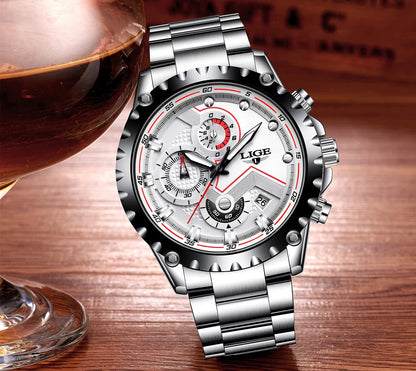 Orologio da uomo LIGE – Orologio al quarzo di tendenza, marchio di lusso, interamente in acciaio, stile professionale, impermeabile e sportivo – Fornito con scatola