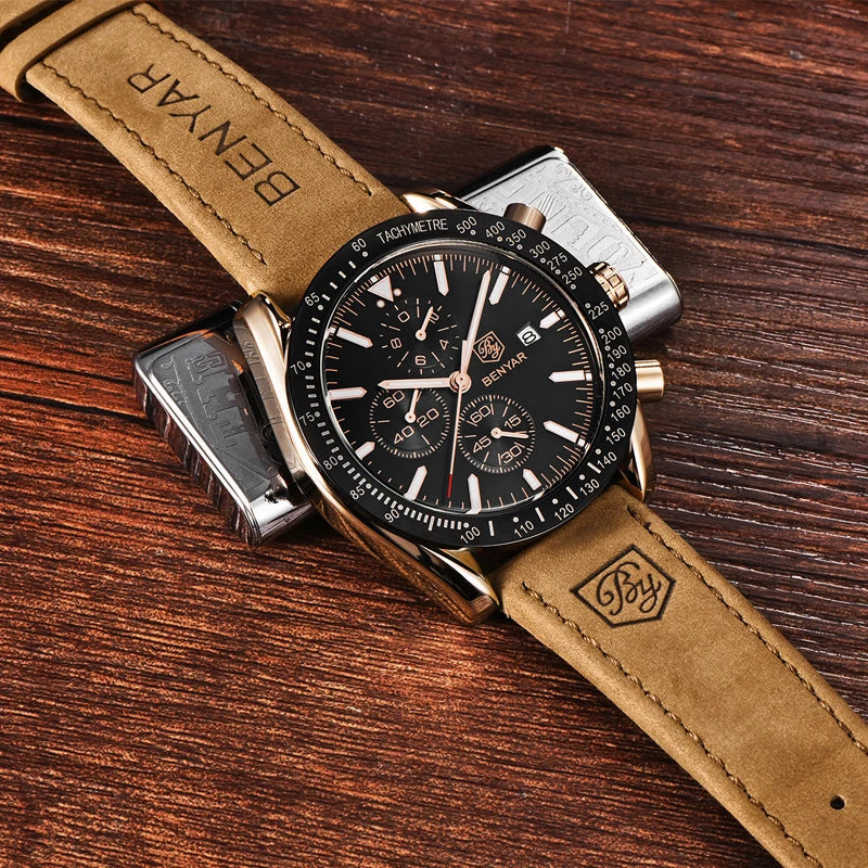Relojes de lujo para hombre BENYAR: relojes de pulsera de cuarzo con correa de piel, resistentes al agua hasta 30 m, estilo deportivo.