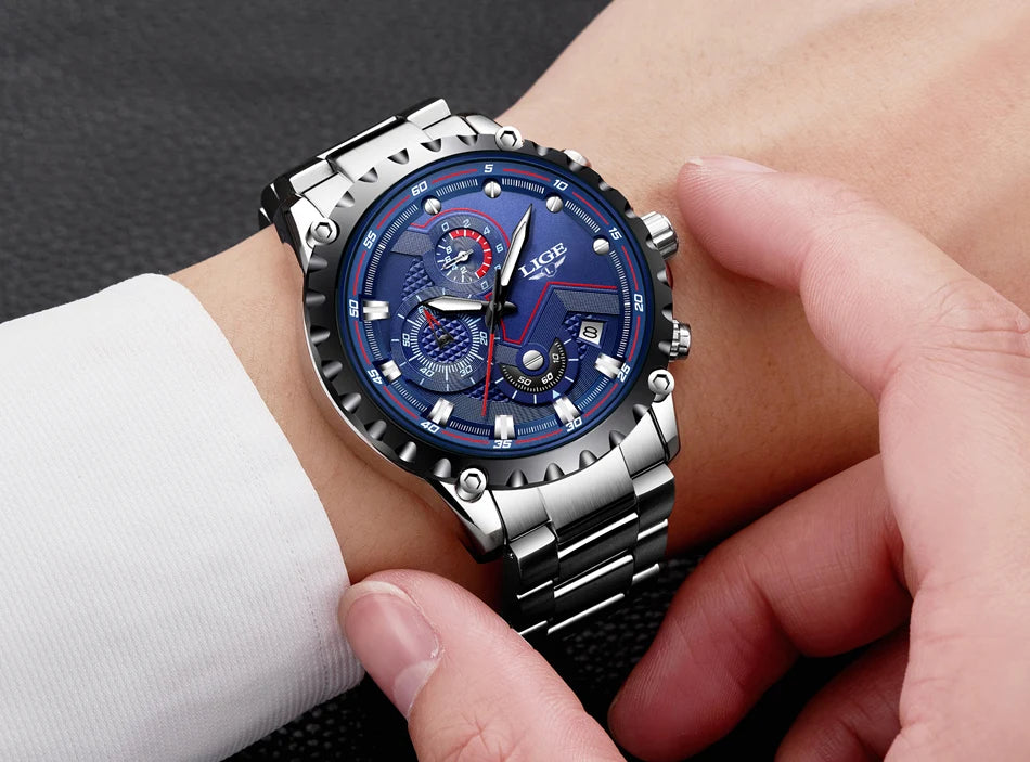 Orologio da uomo LIGE – Orologio al quarzo di tendenza, marchio di lusso, interamente in acciaio, stile professionale, impermeabile e sportivo – Fornito con scatola