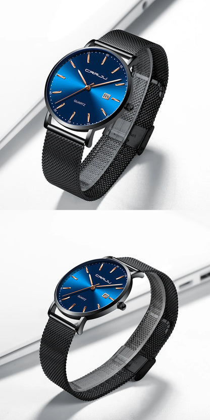 reloj hombre CRRJU Top Brand Luxury Blue Waterproof Watches Slim Stylish Date Casual Quartz Watch Men Sports Mesh Strap Clock