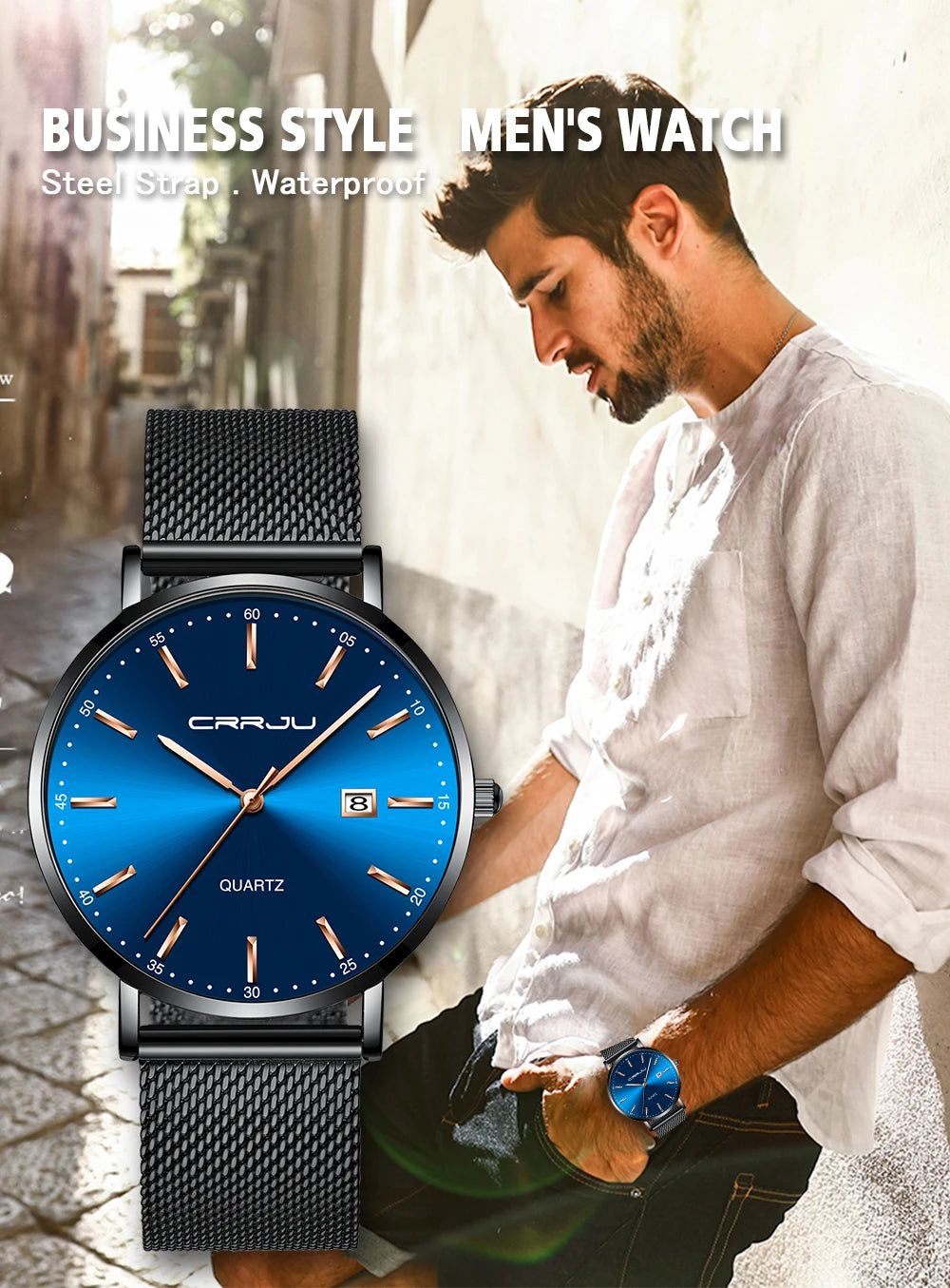 reloj hombre CRRJU Top Brand Luxury Blue Waterproof Watches Slim Stylish Date Casual Quartz Watch Men Sports Mesh Strap Clock