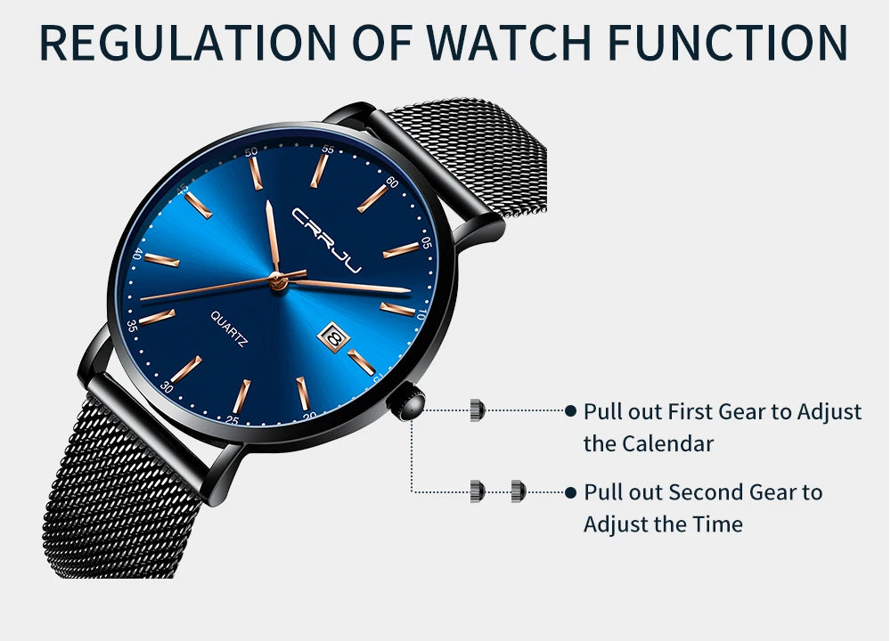 reloj hombre CRRJU Top Brand Luxury Blue Waterproof Watches Slim Stylish Date Casual Quartz Watch Men Sports Mesh Strap Clock
