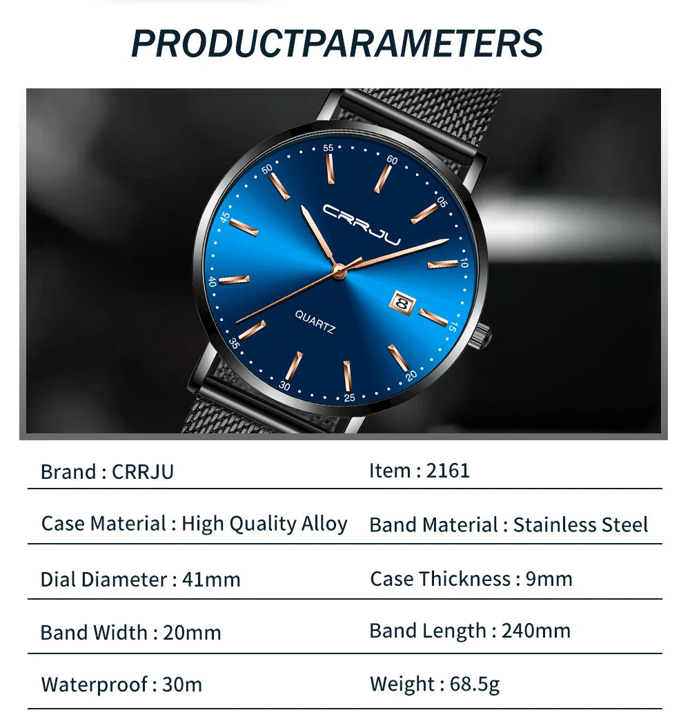reloj hombre CRRJU Top Brand Luxury Blue Waterproof Watches Slim Stylish Date Casual Quartz Watch Men Sports Mesh Strap Clock
