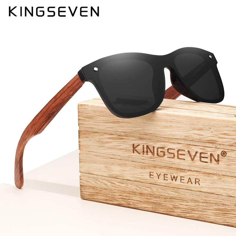 KINGSEVEN Polarized UV400 Vintage Sunglasses For Men Brand Wooden Flat Lens Square Frame Women Eye Protection Oculos Eyewear