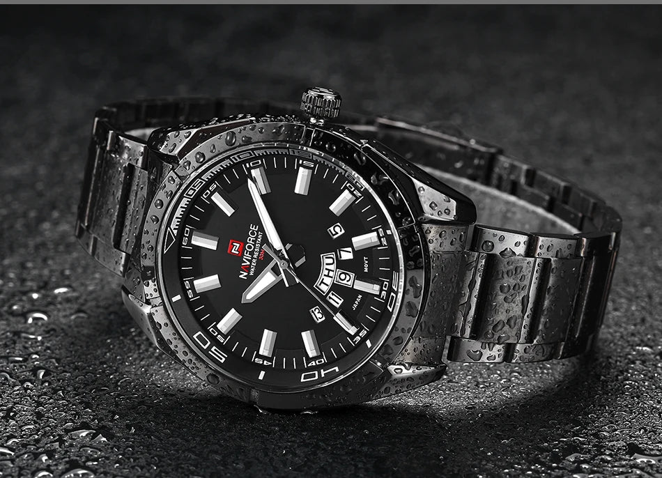 Montre pour homme NAVIFORCE, entièrement en acier, étanche, style décontracté, mouvement à quartz avec affichage de la date – Montre-bracelet de luxe pour homme, d'une marque de premier plan.