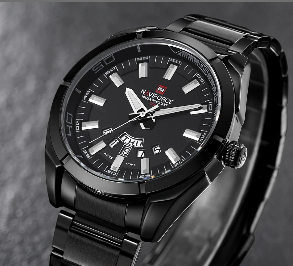 Montre pour homme NAVIFORCE, entièrement en acier, étanche, style décontracté, mouvement à quartz avec affichage de la date – Montre-bracelet de luxe pour homme, d'une marque de premier plan.