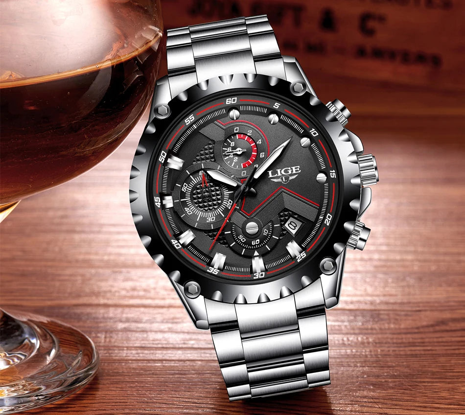 Orologio da uomo LIGE – Orologio al quarzo di tendenza, marchio di lusso, interamente in acciaio, stile professionale, impermeabile e sportivo – Fornito con scatola