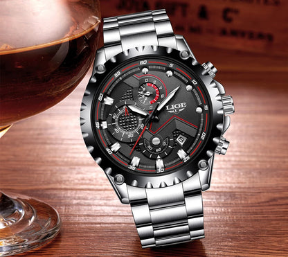 Orologio da uomo LIGE – Orologio al quarzo di tendenza, marchio di lusso, interamente in acciaio, stile professionale, impermeabile e sportivo – Fornito con scatola