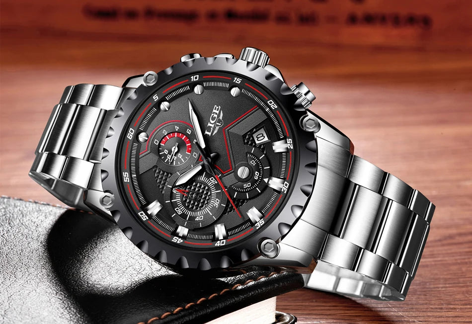 Orologio da uomo LIGE – Orologio al quarzo di tendenza, marchio di lusso, interamente in acciaio, stile professionale, impermeabile e sportivo – Fornito con scatola