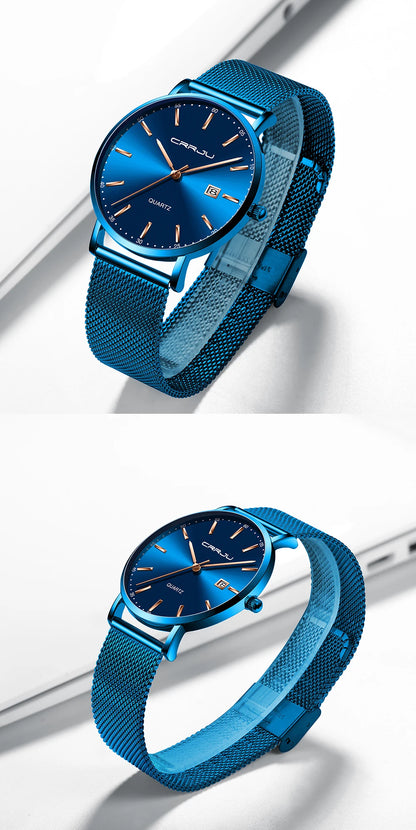 reloj hombre CRRJU Top Brand Luxury Blue Waterproof Watches Slim Stylish Date Casual Quartz Watch Men Sports Mesh Strap Clock