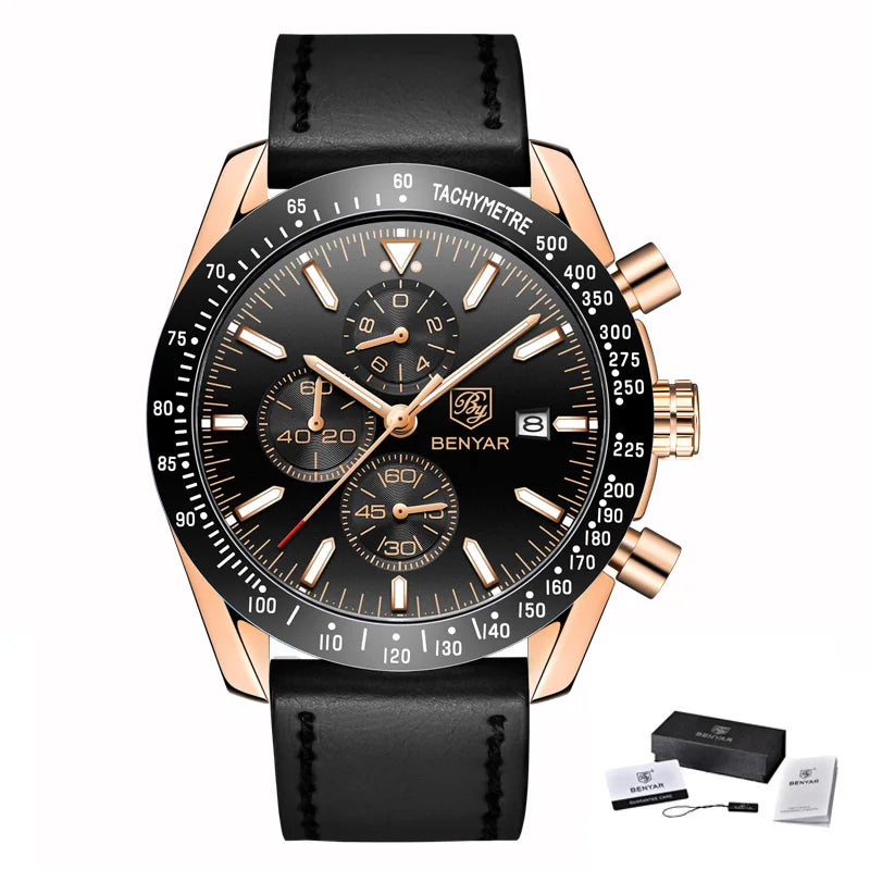Relojes de lujo para hombre BENYAR: relojes de pulsera de cuarzo con correa de piel, resistentes al agua hasta 30 m, estilo deportivo.