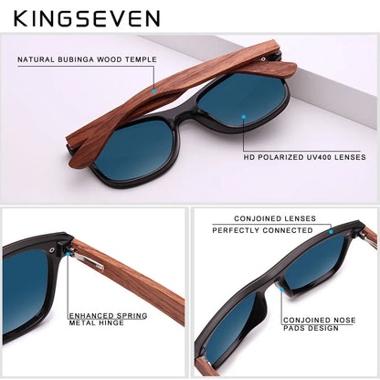 KINGSEVEN Polarized UV400 Vintage Sunglasses For Men Brand Wooden Flat Lens Square Frame Women Eye Protection Oculos Eyewear