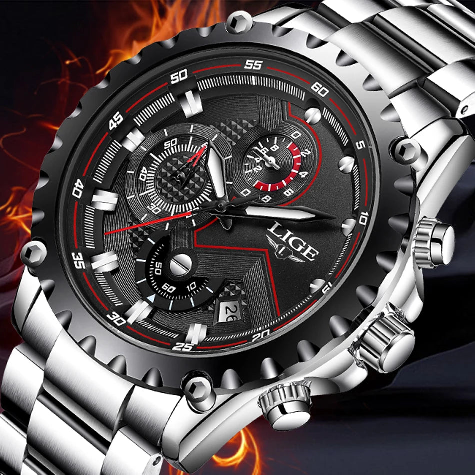 Orologio da uomo LIGE – Orologio al quarzo di tendenza, marchio di lusso, interamente in acciaio, stile professionale, impermeabile e sportivo – Fornito con scatola