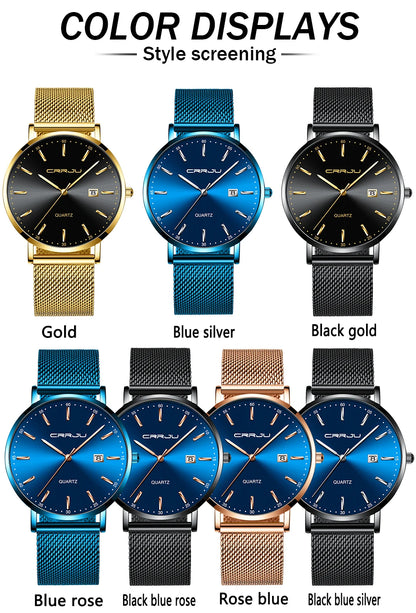 reloj hombre CRRJU Top Brand Luxury Blue Waterproof Watches Slim Stylish Date Casual Quartz Watch Men Sports Mesh Strap Clock