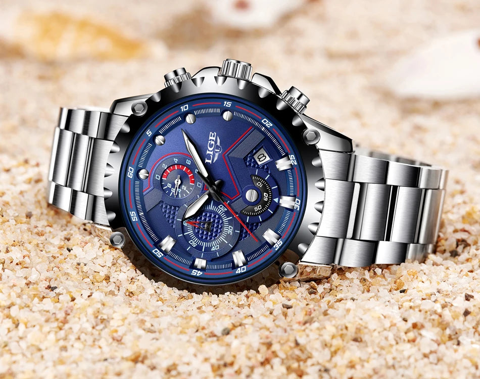 Orologio da uomo LIGE – Orologio al quarzo di tendenza, marchio di lusso, interamente in acciaio, stile professionale, impermeabile e sportivo – Fornito con scatola