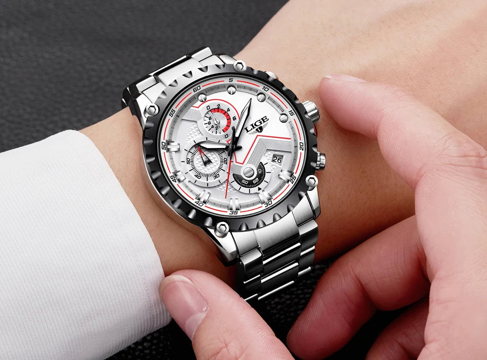 Orologio da uomo LIGE – Orologio al quarzo di tendenza, marchio di lusso, interamente in acciaio, stile professionale, impermeabile e sportivo – Fornito con scatola