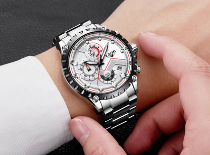 Orologio da uomo LIGE – Orologio al quarzo di tendenza, marchio di lusso, interamente in acciaio, stile professionale, impermeabile e sportivo – Fornito con scatola