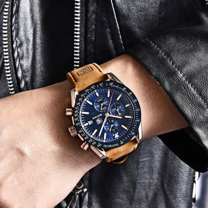 Relojes de lujo para hombre BENYAR: relojes de pulsera de cuarzo con correa de piel, resistentes al agua hasta 30 m, estilo deportivo.