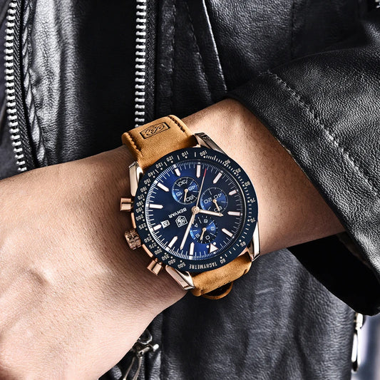 Montres de luxe pour hommes BENYAR – Montres-bracelets à quartz avec bracelet en cuir, étanches jusqu'à 30 m, style sportif.