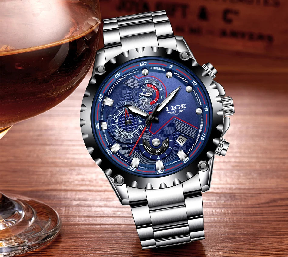 Orologio da uomo LIGE – Orologio al quarzo di tendenza, marchio di lusso, interamente in acciaio, stile professionale, impermeabile e sportivo – Fornito con scatola