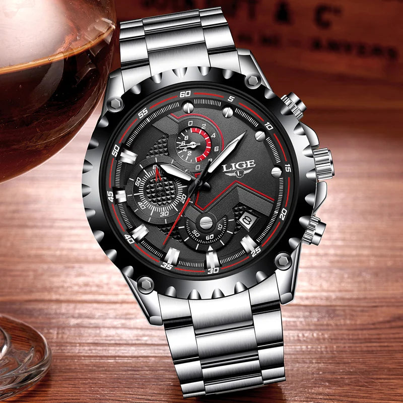 Orologio da uomo LIGE – Orologio al quarzo di tendenza, marchio di lusso, interamente in acciaio, stile professionale, impermeabile e sportivo – Fornito con scatola