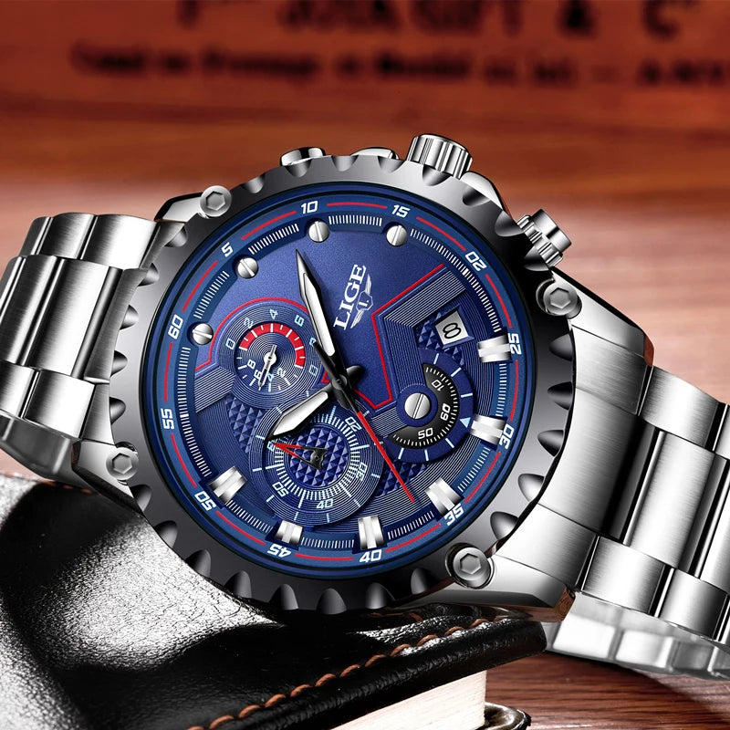 Orologio da uomo LIGE – Orologio al quarzo di tendenza, marchio di lusso, interamente in acciaio, stile professionale, impermeabile e sportivo – Fornito con scatola
