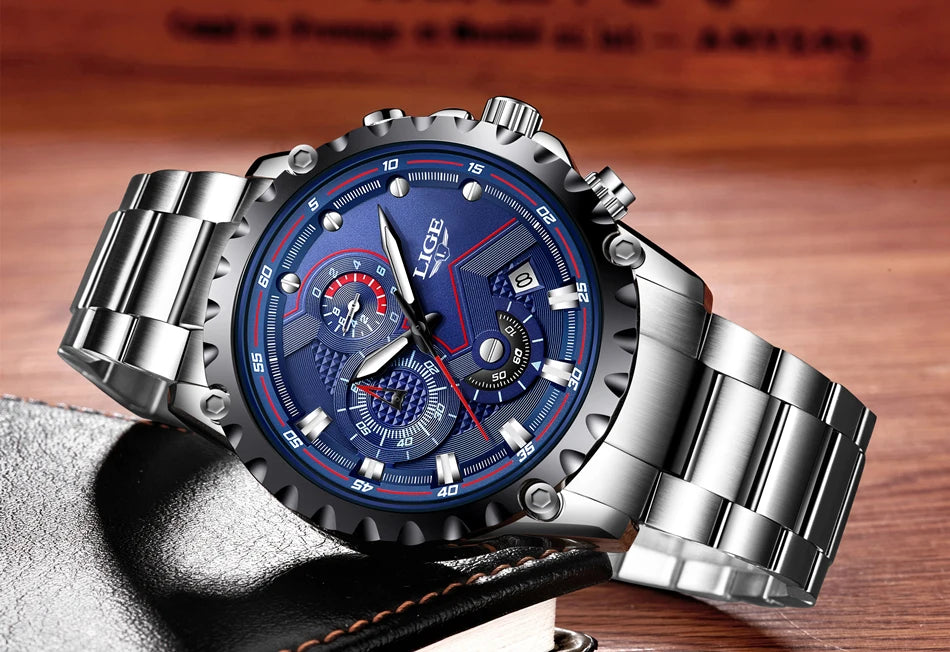 Orologio da uomo LIGE – Orologio al quarzo di tendenza, marchio di lusso, interamente in acciaio, stile professionale, impermeabile e sportivo – Fornito con scatola