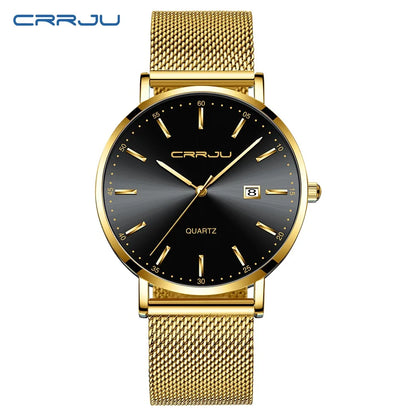 reloj hombre CRRJU Top Brand Luxury Blue Waterproof Watches Slim Stylish Date Casual Quartz Watch Men Sports Mesh Strap Clock