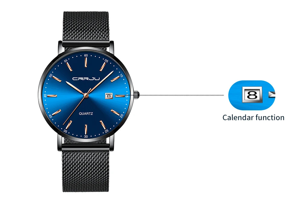 reloj hombre CRRJU Top Brand Luxury Blue Waterproof Watches Slim Stylish Date Casual Quartz Watch Men Sports Mesh Strap Clock