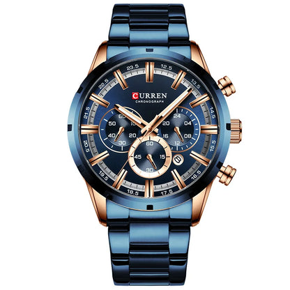 Pánské hodinky CURREN – luxusní sportovní chronograf, quartzový strojek, celonerezové, vodotěsné