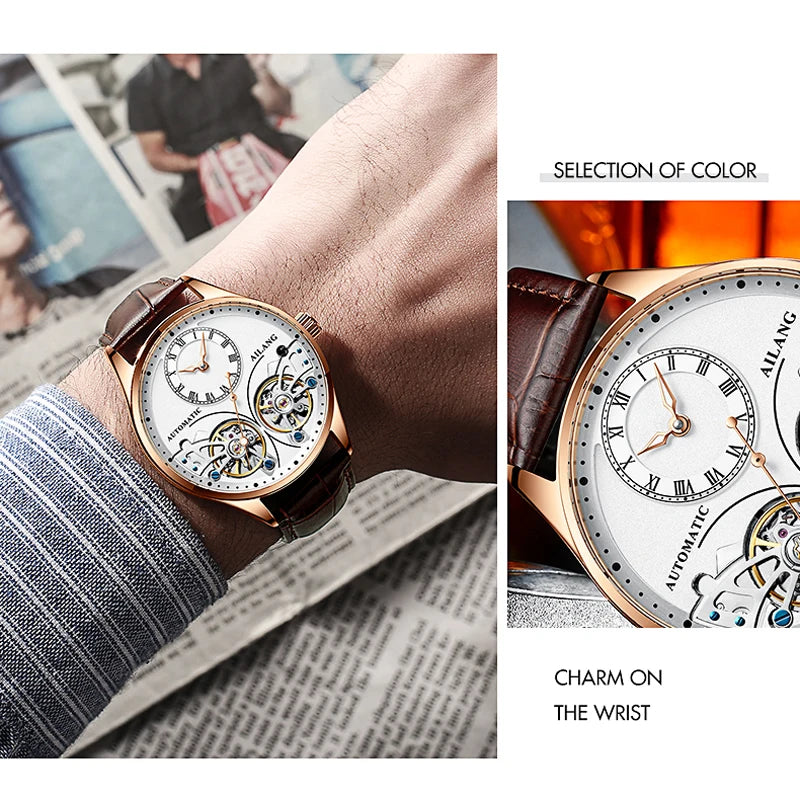 AILANG brandneue modische Double-Tourbillon-Uhr für Herren, Luxus-Edelstahl, wasserdicht, automatisch-mechanische Herrenuhr