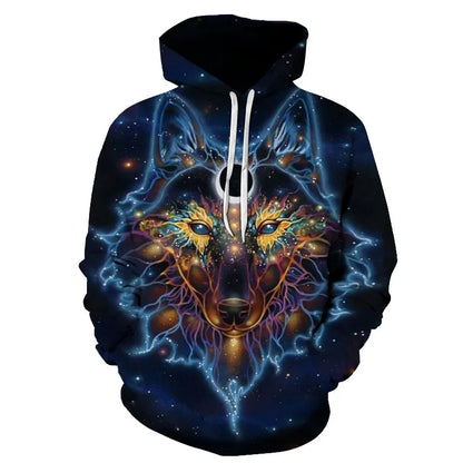 Cool Space Galaxy Wolf Hoodie – Herren-Hoodie mit leuchtendem Wolf, modischer Pullover für Frühling und Herbst