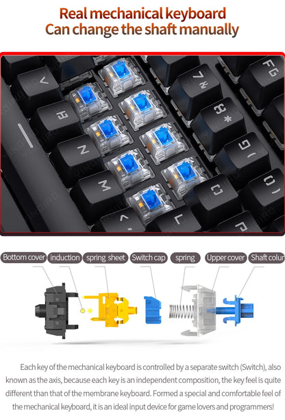 Retro-Punk mechanische Tastatur mit blauen, schwarzen oder braunen Switches, 104 Tasten, USB-kabelgebunden, Gaming-Tastatur mit RGB-Hintergrundbeleuchtung für PC, Laptop und Gamer