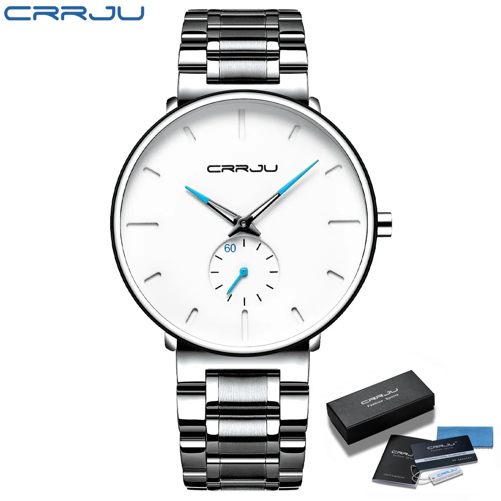 Montre pour homme CRRJU – Montre-bracelet en acier inoxydable, style décontracté et luxueux, étanche, montre de sport à quartz pour homme